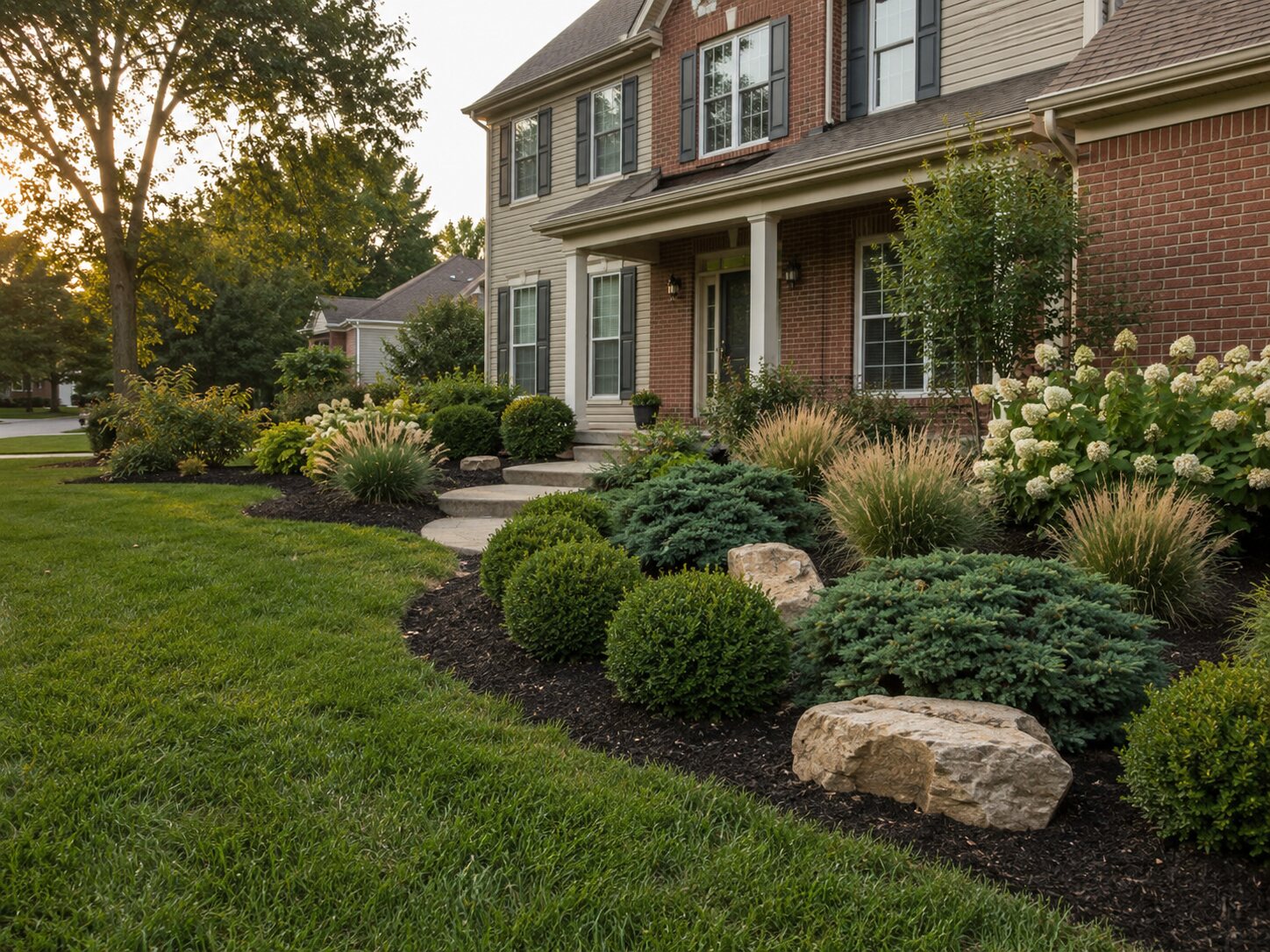 Layered low-maintenance landscape at a brick home